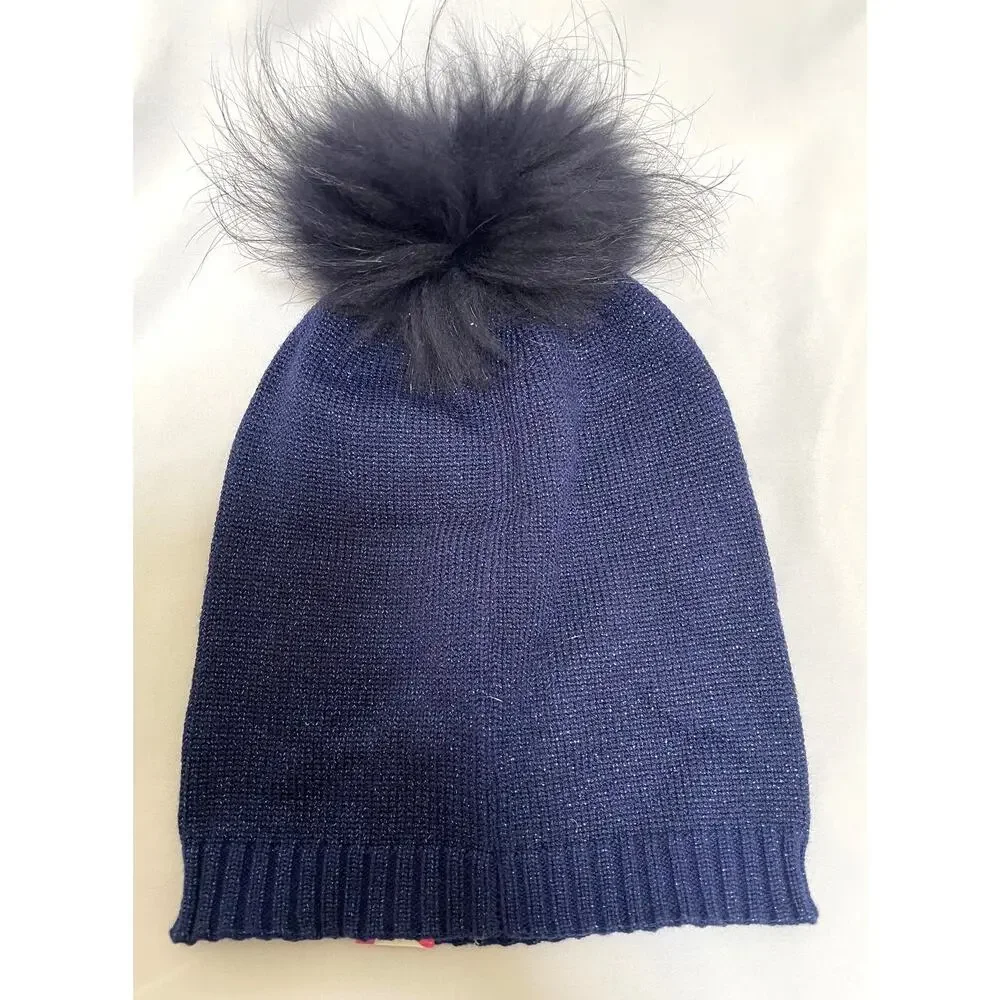 NWT Bari Lynn Kids Youth Studded Star Beanie w/ Navy Fox Fur Pom Pom